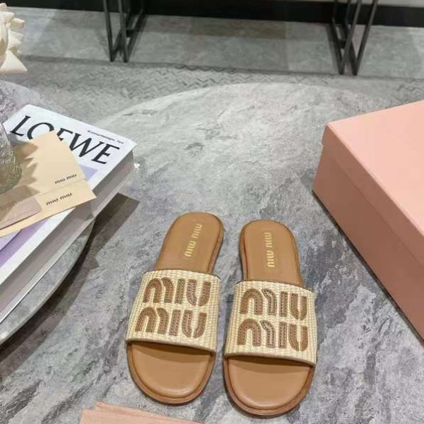 [Miu Miu] 미우미우 라피아 우븐 패브릭 슬라이드