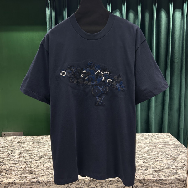 워싱 코튼 플라워 자수 티셔츠